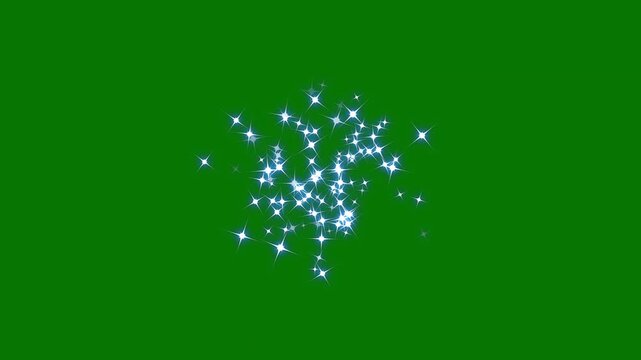 White stars and bokeh lights sparkle glittering burst effect, magic sparkles glitter line stars, twinkle stars, cartoon doodle twinkle effects, seamless loop animation on green screen background, 4k