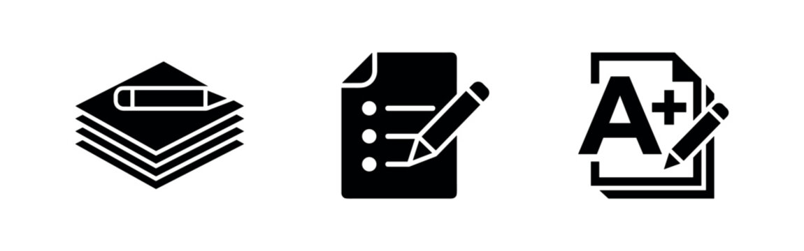 Academic test and grading icons with paper stack and pencil