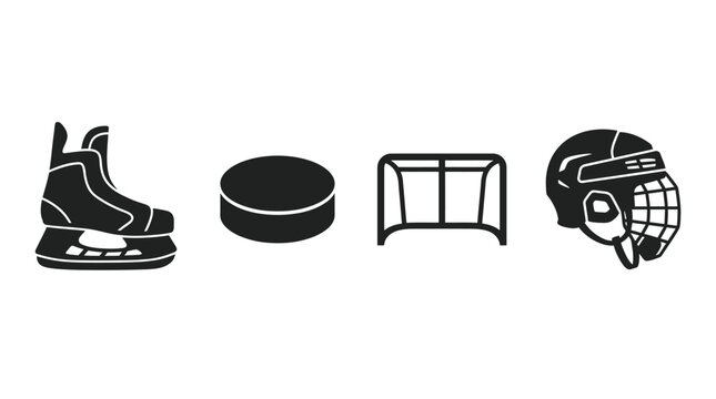 Ice Skate Puck Goal And Helmet Silhouettes On White Background