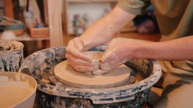 Handmade ceramic pasta plate on pottery wheel