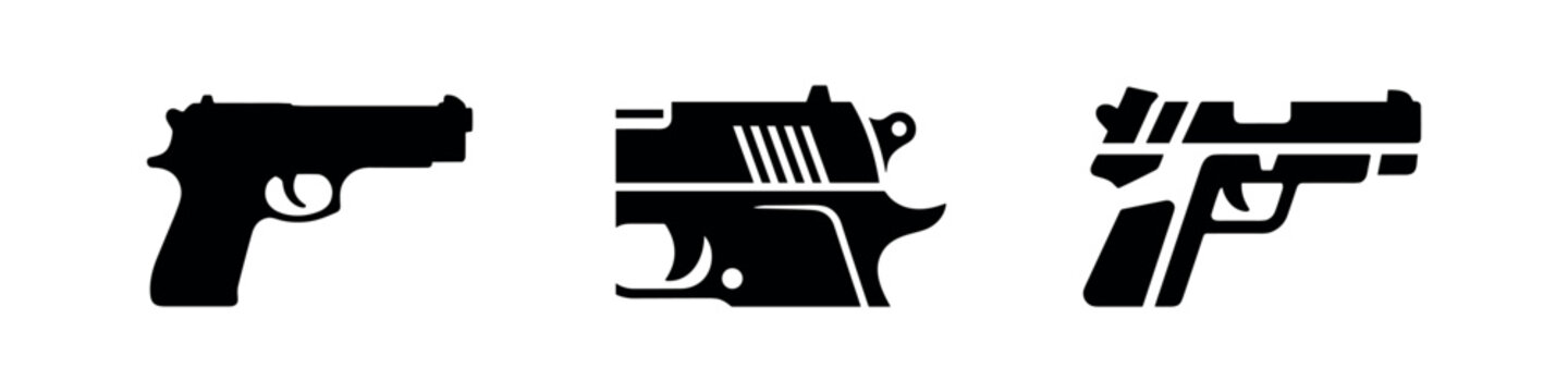 Collection of handgun and pistol weapon vector icons in various styles.