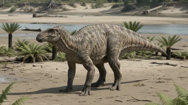Iguanodon Dinosaur Lowering To A Quadrupedal Stance On A Sandy Riverbank