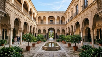 Obraz premium Ornate Courtyard Palace Garden Fountain Orange Trees Moorish Architecture Seville