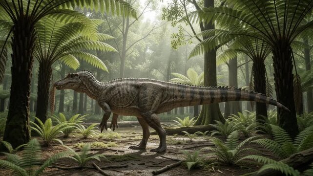 Large Theropod Dinosaur Raising Its Tail In A Lush Prehistoric Forest