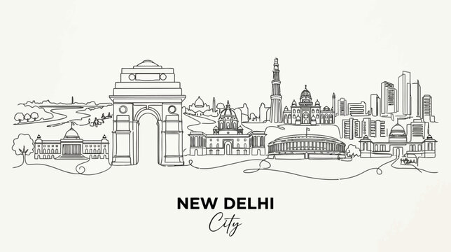 New Delhi Skyline Illustration - Iconic Landmarks Drawing