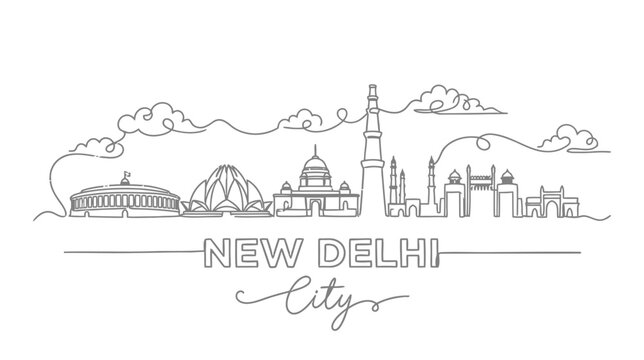 New Delhi skyline illustration, famous landmarks, continuous line art, city silhouette