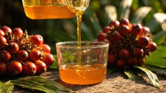 Golden Oil Pouring into Glass Beside Palm Fruit