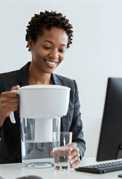 Hydration and wellness at work, smiling woman pouring filtered water into a glass at her office desk for healthy lifestyle and workplace productivity