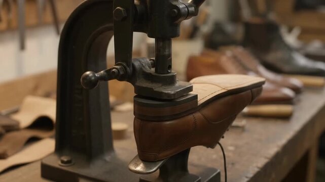 Cobbler Using a Manual Press to Attach a Leather Shoe Heel