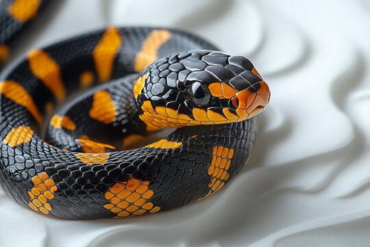 Eastern coral snake closeup black orange pattern coiled reptile exotic dangerous wild animal glossy scales macro detail wildlife photography