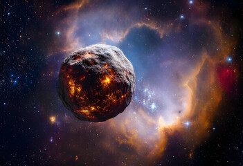 Obraz premium Space exploration and planetary science, glowing asteroid or dwarf planet drifting through a colorful deep space nebula with distant stars and galaxies