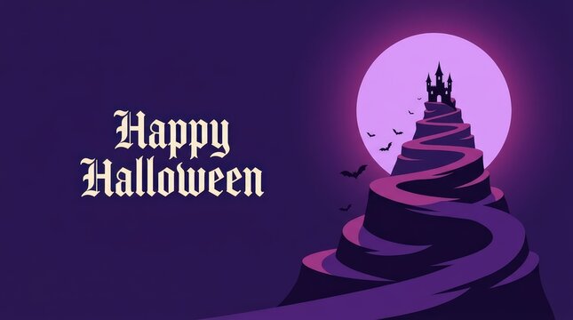 A spooky purple halloween background featuring a winding path leading to a dark castle silhouette under a large bright moon