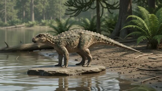 Armored Dinosaur Stepping Onto a Flat Stone by the Water