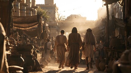 Fototapeta premium Three figures walking hand in hand through an ancient market