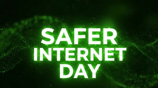 Safer Internet Day text with glowing green digital particle background