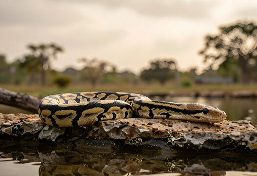 Wildlife conservation and biodiversity, ball python resting on a rock by a pond in a natural habitat during a golden hour sunset in the wilderness
