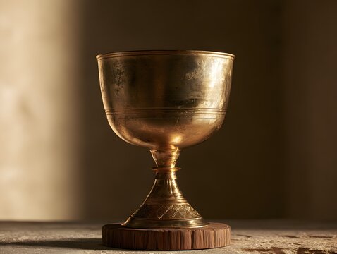 Golden chalice with intricate base engraving on a wooden stand