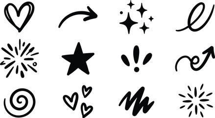 Obraz premium Black Hand Drawn Stars Sparkles and Decorative Symbols Collection