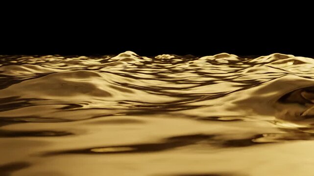 Animated golden liquid metal waves rising against black background in abstract motion graphics