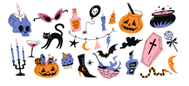 Halloween clipart set with black cat, skull candle, witch cauldron, pumpkin bucket, coffin, potion bottle and bat in trendy gothic aesthetic for spooky season. Flat vector illustration