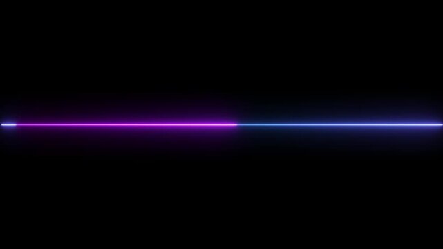 A horizontal line of vibrant neon light splits into two distinct colors purple and blue against a deep black background creating a futuristic abstract visual
