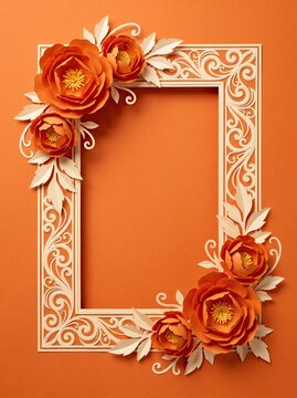 Orange papercut floral frame with elegant filigree borders for festive greeting cards.