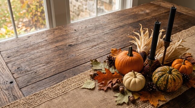 Rustic thanksgiving autumn table centerpiece with pumpkins and candles