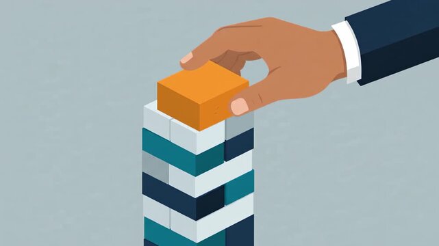 Animated hand placing orange block on stacked business strategy tower in minimalist corporate motion graphics
