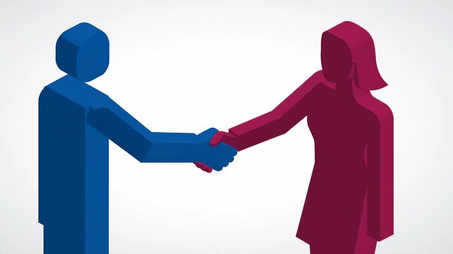 Animated handshake between two simple human figures on white background, business partnership concept, flat vector style