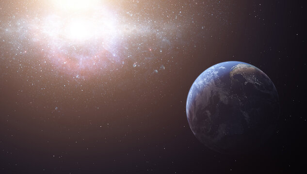 Panoramic view of the Earth, stars and galaxy. Planet Earth, view from space. Space fantasy. Elements of this image furnished by NASA.