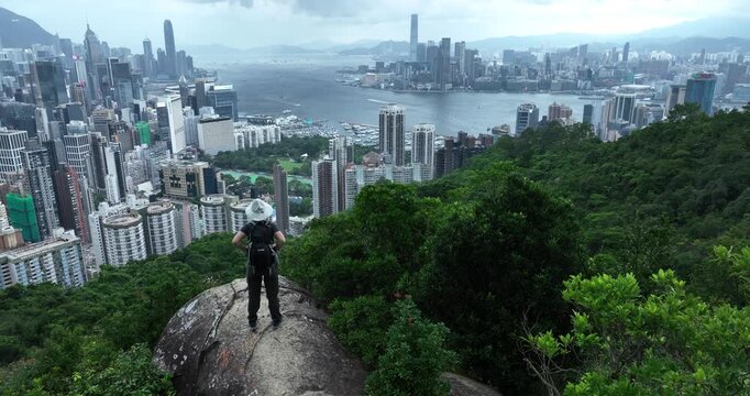 Hiking on the mountain top in Hong Kong during typhoon time