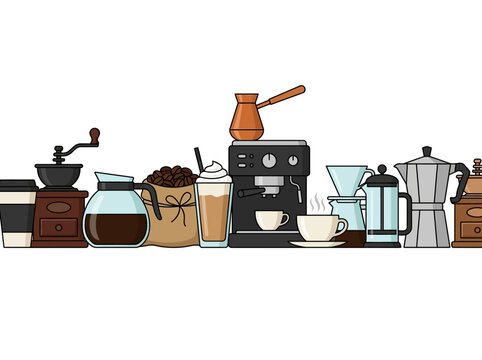 Flat Vector Coffee Brewing Equipment and Beverage Set