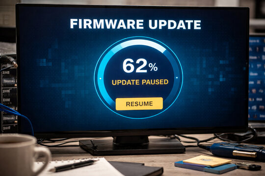 computer monitor showing firmware update progress screen