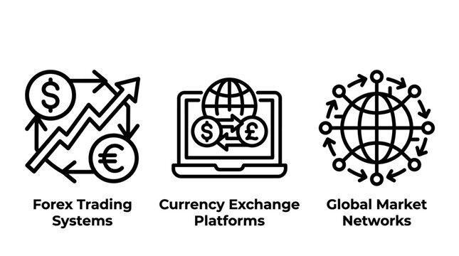 Set of black line icons representing forex trading systems currency exchange platforms global market networks currency exchange platforms networks business investment commerce collection