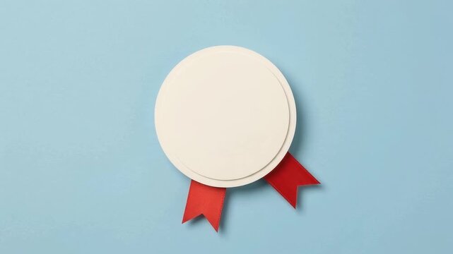 Blank paper circle badge with red ribbon tails isolated on solid light blue background minimalistic graphic design.