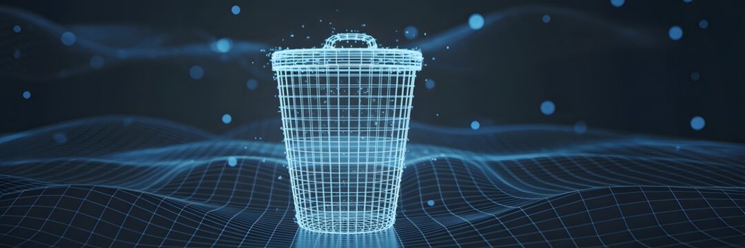 Digital Data Deletion Icon Represented by a Blue Wireframe Trash Can Model
