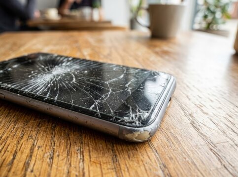 Broken smartphone screen on wooden table, close-up of shattered glass, representing tech failure and modern lifestyle issues