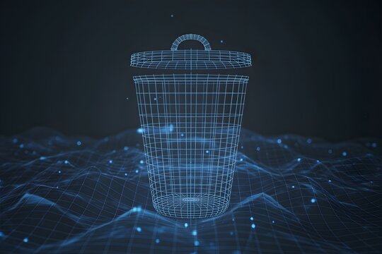 Digital wireframe trash bin on a futuristic grid symbolizing data deletion and cyber security
