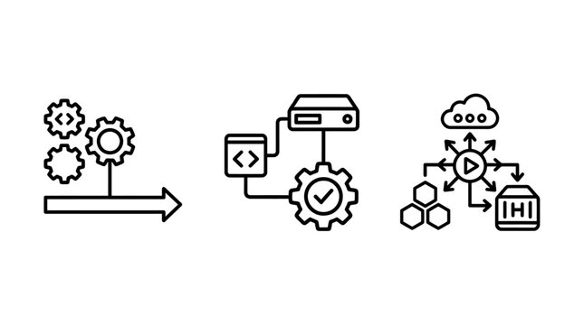 Process workflow server optimization cloud content distribution network line art vector icons with workflow optimization distribution development programming automation technology information