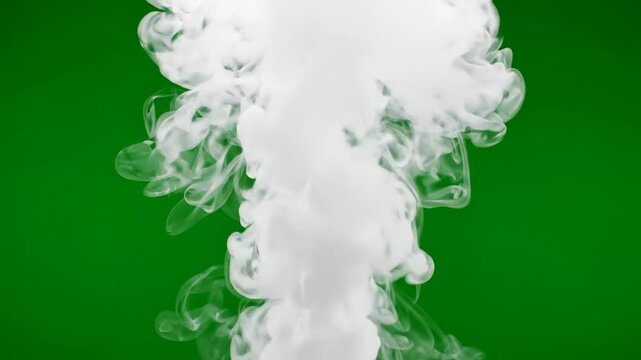 Thick white smoke curling upward on green chroma key background, isolated volumetric plume