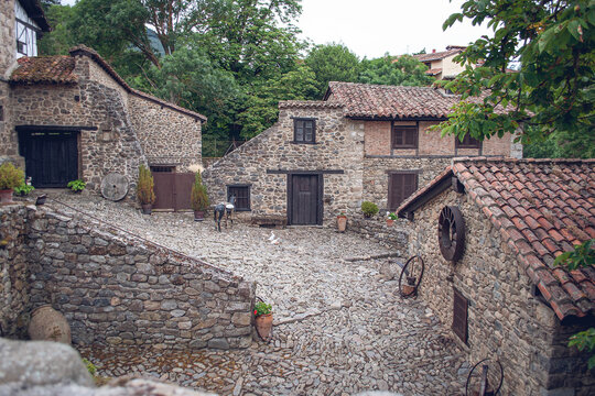 Rural stone courtyard and traditional architecture in Potes, Cantabria