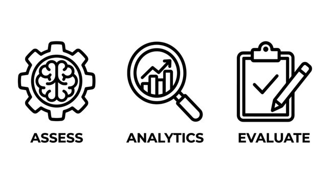 Assess analytics evaluate education and business icons set with analytics evaluate magnifying clipboard checklist checkmark collection education business research statistics progress