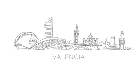 Obraz premium Valencia Skyline Line Drawing, Modern Architecture, Historic Buildings, Cityscape Art