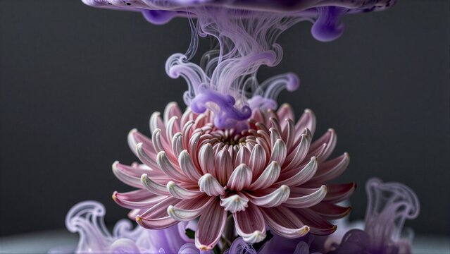 Purple ink swirls above a delicate pink chrysanthemum against a dark backdrop.