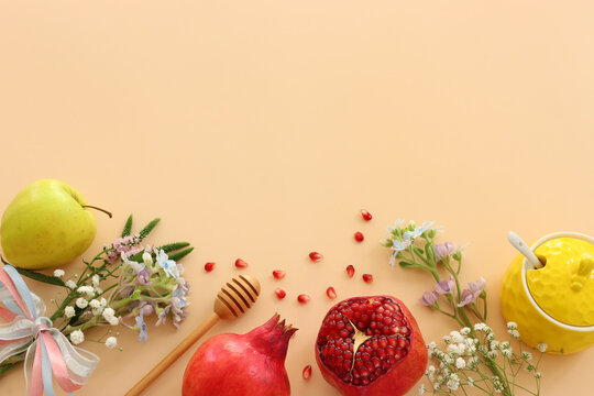 Rosh hashanah (jewish New Year holiday) concept. Traditional symbols