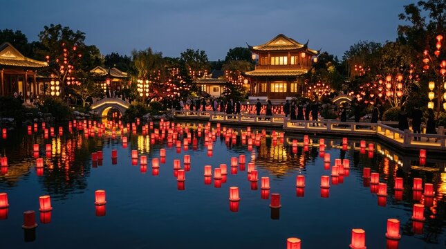 Beautiful traditional chinese architecture illuminated with glowing lanterns during the festive evening celebration of the historic national china day event