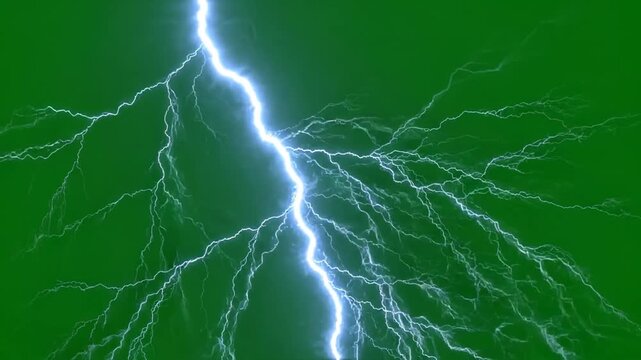 Animated electric lightning bolt branching across green chroma key background with blue white glow