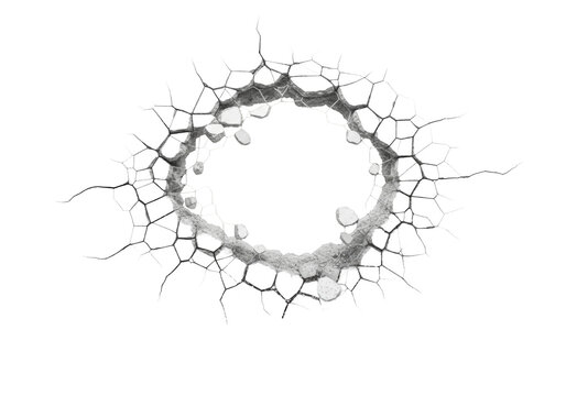 massive fractured white concrete wall with jagged hole revealing a depthless black void, dramatic high-contrast studio lighting and macro detail. concept of breaking limits