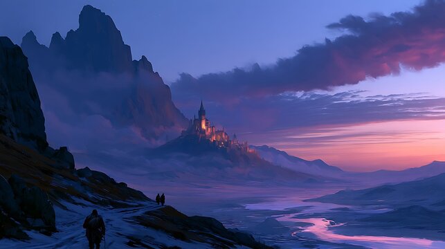 Fantasy landscape with traveler walking toward a glowing castle in mountains at sunset.