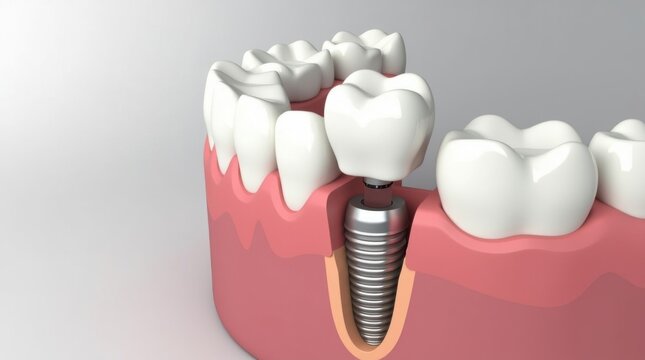 Concepto de restauraci&oacute;n dental que muestra un &uacute;nico diente artificial soportado por un implante de titanio